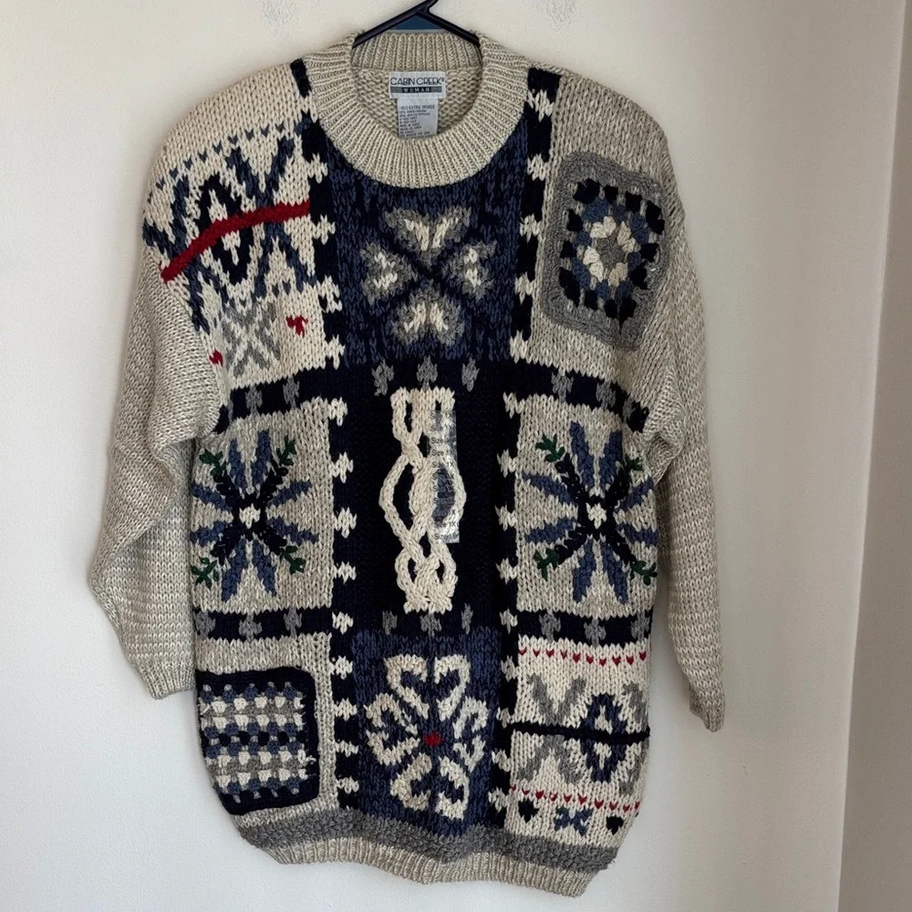 Vintage cabin creek granny square 3D Cable Knit Crewneck Sweater Womens 1X NWT